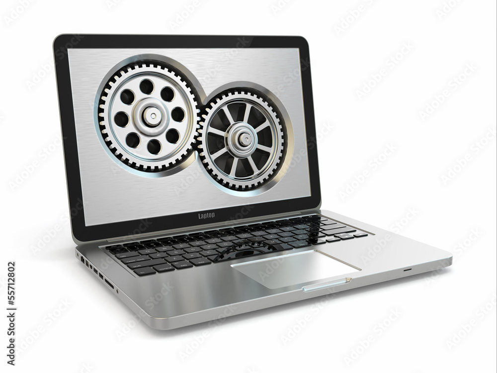Poster system properties concept. laptop and gears.