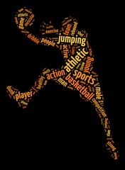 Words illustration of basketball player over black background