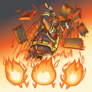 Firefighter attacks cartoon flames with an axe vector illustrati