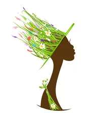 Foto auf Acrylglas Bio-Haarpflegekonzept, weiblicher Kopf mit Hut aus Gras © Kudryashka
