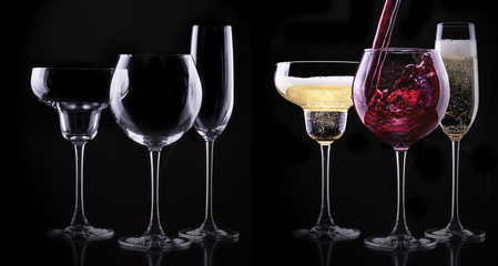 set with different full and empty glasses