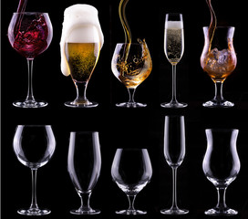 alcohol drinks set isolated on a black