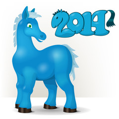 Cute blue horse wishes a happy new year 2014