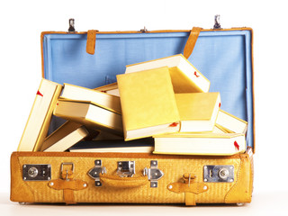 a travel suitcase full of books on a white background - 55724245