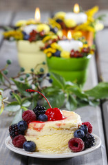 Vanilla cake decorated with fresh fruits. Selective focus