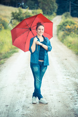 Teenage Girl with Red Umbrella