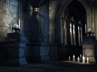 Wnętrze gotyckiego kościoła ze świecami - obrazy, fototapety, plakaty