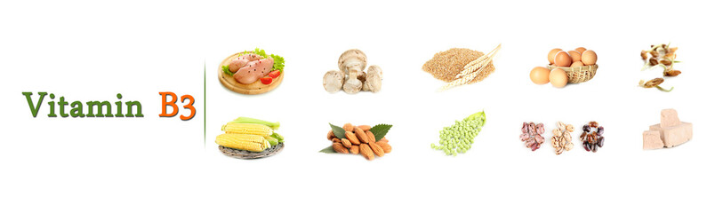 Collage of food containing vitamin B3