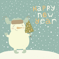 Christmas illustration with cute snowman. 