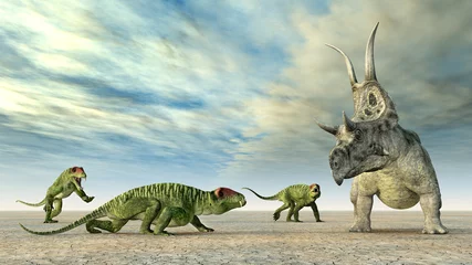 Badezimmer Foto Rückwand Die Dinosaurier Doliosauriscus und Diabloceratops © Michael Rosskothen
