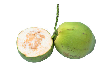 Green coconuts over white background