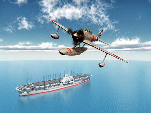 Japanischer Jagdbomber und japanischer Flugzeugträger