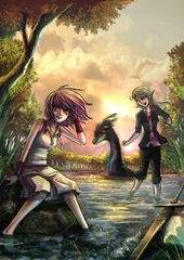 Garden poster Fairies and elves Two cute fantasy girls resting on the riverside bank