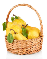 Juicy pears in wicker basket isolated on white