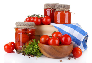 Tasty canned and fresh tomatoes, isolated on white