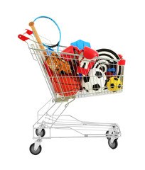 Shopping cart with sport equipment, isolated on white