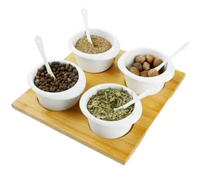 Foto op Plexiglas Assortment of spices in  white  bowls, © Africa Studio