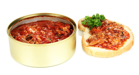 Open tin can with sardines and tomato sauce, isolated on white