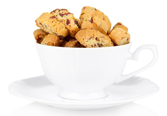 Tasty cookies in cup isolated on white