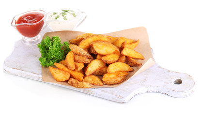 Home potatoes on tracing paper on wooden board isolated on