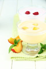 Delicious yogurt with fruit and berries on table close-up