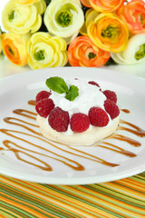 Tasty meringue cake with berries, close up