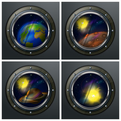 Four round portholes to open space, planets, sun and star,