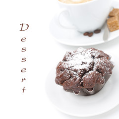 chocolate cake and a cup of cappuccino, close-up, isolated