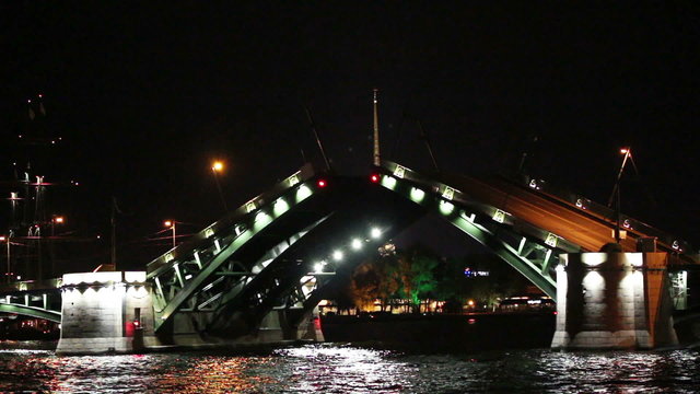 opening drawbridge at night in St. Petersburg Russia - timelapse