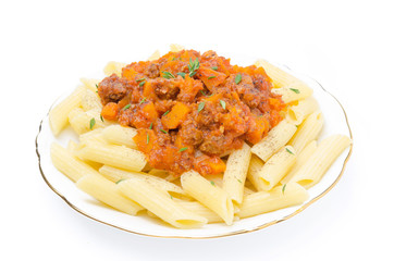penne pasta with sauce of beef, tomato and pumpkin on a plate