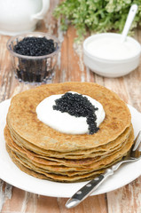 potato pancakes with sour cream and caviar on a plate