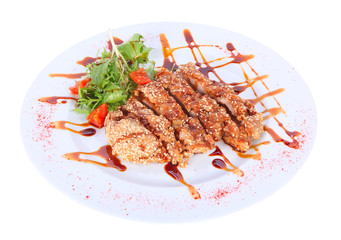 Grilled meat breaded with sesame seeds