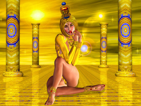 Egyptian Woman Sitting On Reflective Golden Floor