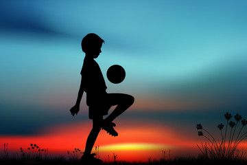 Silhouette, children playing football on meadow, sunset,