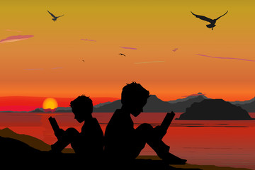 Silhouette, children reading a book on beach, sunset, sum