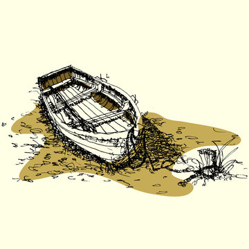 sketch drawing boat on ground vector
