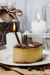 Chocolate cake on white plate. Selective focus