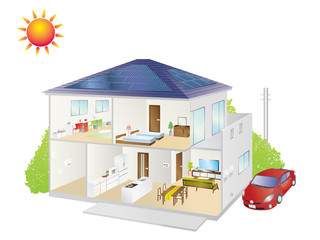 寄棟屋根の太陽光発電住宅