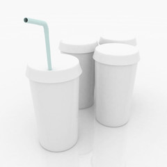 white plastic fast food glasses with blue tubule on white