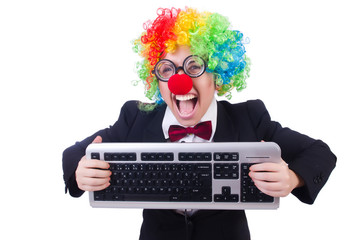 Funny clown with keyboard on white