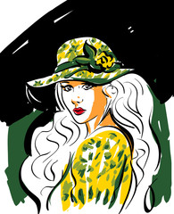 femme chapeau jaune et vert - 55759442