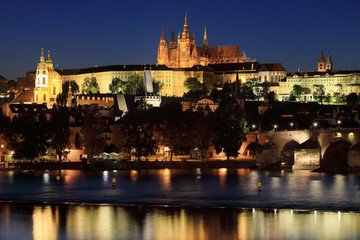 Night Prague gothic Castle with Charles Bridge, Czech Republic