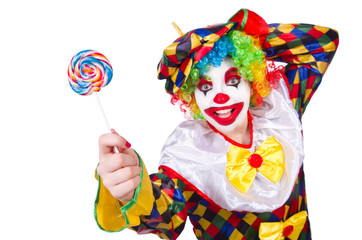 Clown with lollipops isolated on white