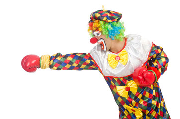 Clown with boxing gloves isolated on white
