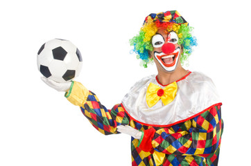 Clown with football ball on white