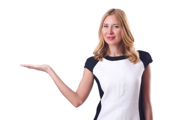 Attractive woman holding hands on white