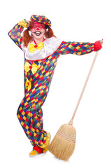 Clown with broom isolated on white