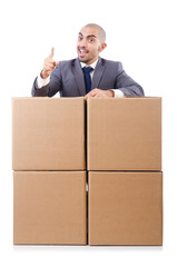 Businessman with box isolated on the white