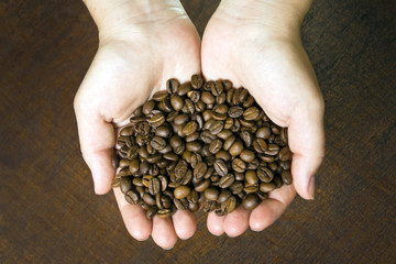 Young girl holding coffee beans