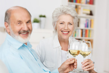 älteres ehepaar prostet mit einem glas wein